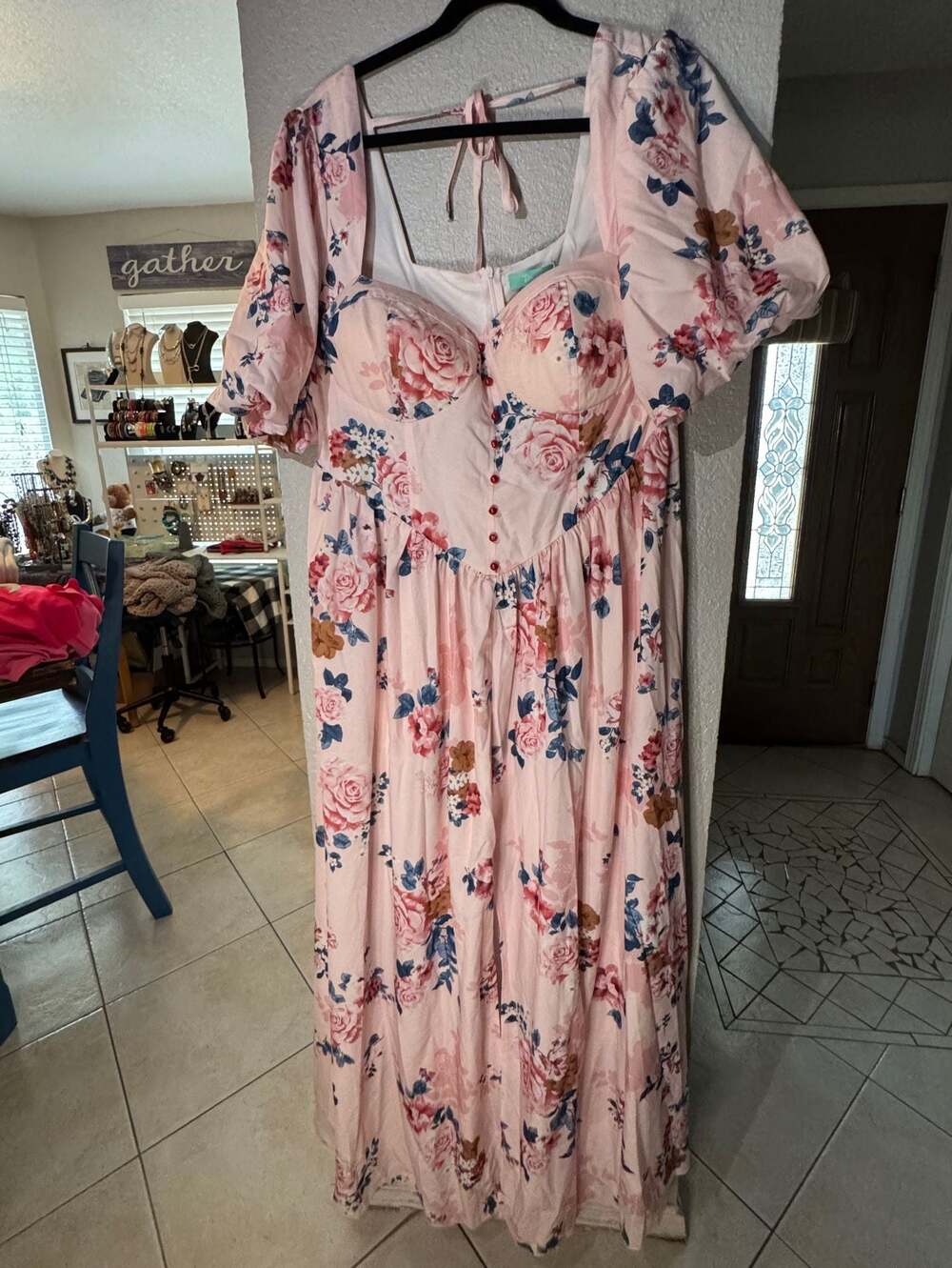 Toleen Womens Plus Size 1XL Pink Floral Print Maxi Dress Square Neck Puff Sleeve